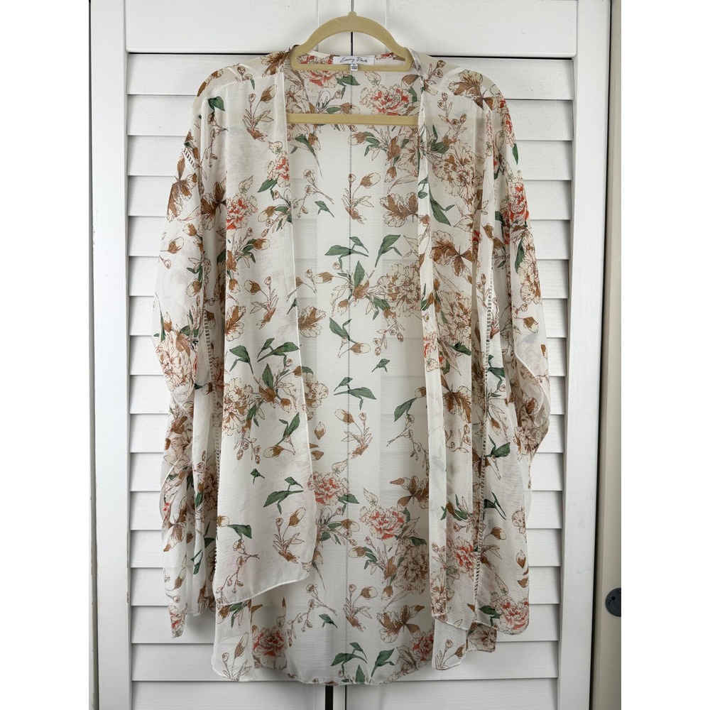 Emory Park Kimono XL White Floral Sheer Crochet Trim Open Front Boho